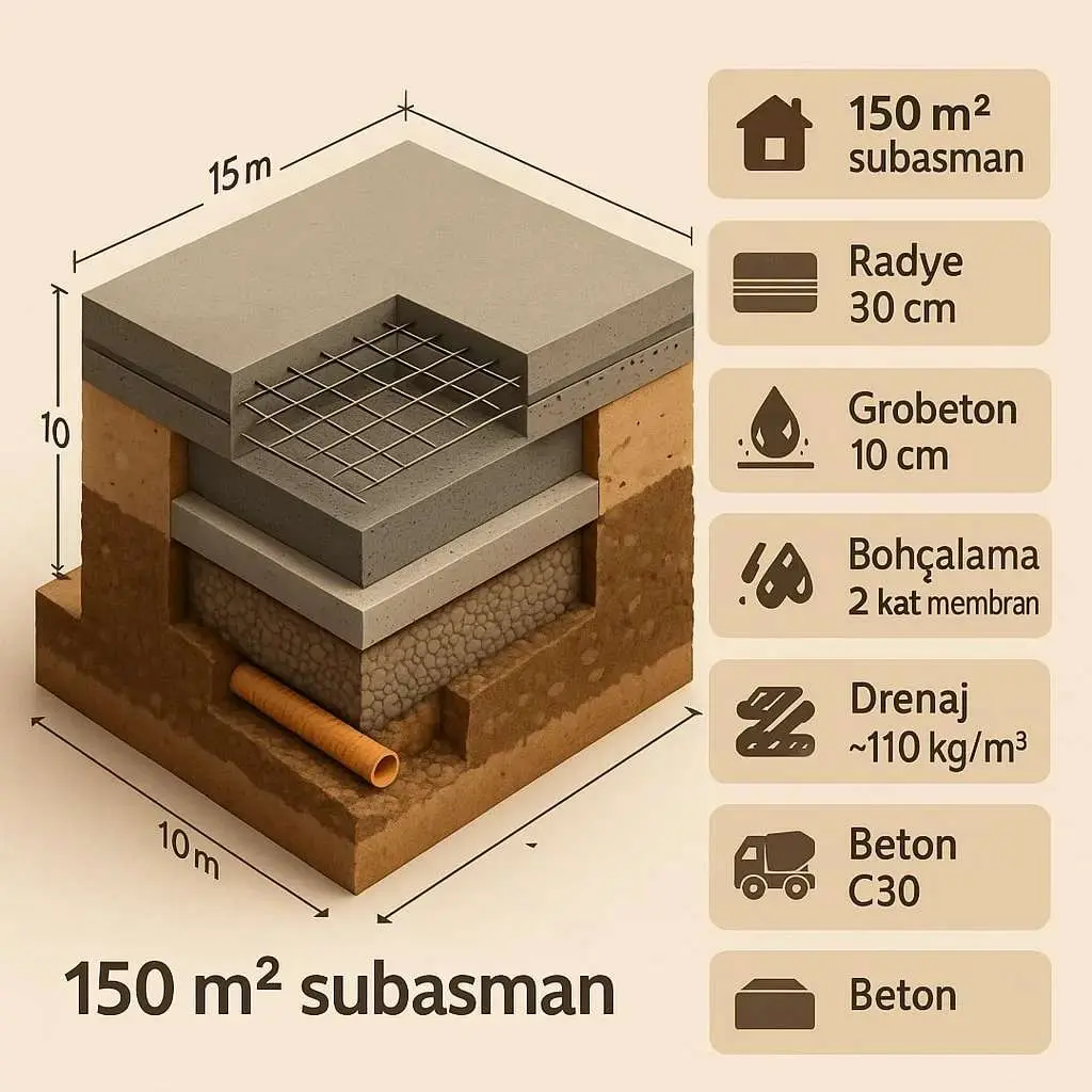 Subasman katı metraj örneği — radye, grobeton, bohçalama ve temel bileşenleri