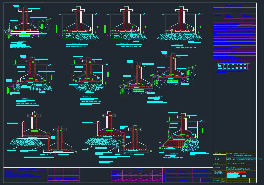CAD programında çizilmiş tekil ve birleşik temel detay paftası: farklı kolon kesitleri için konik ve dikdörtgen temel tipleri, donatı düzeni ve ölçülendirme