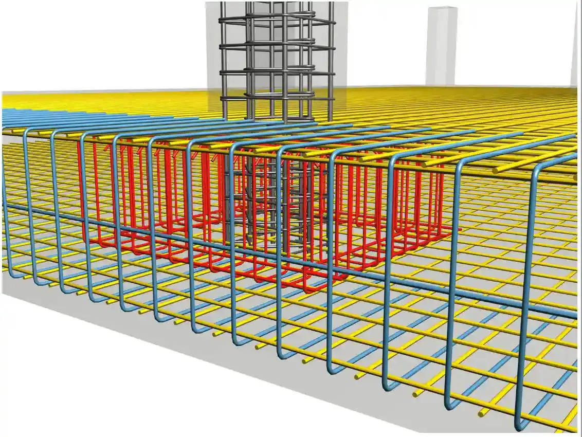 BIM modelinde kirişli sürekli temel donatı detayı: sarı kirişler ve kırmızı etriyelerle oluşturulmuş 3 boyutlu temel kafesi görünümü, kolon başlangıç noktalarında bağlantı gösterimi