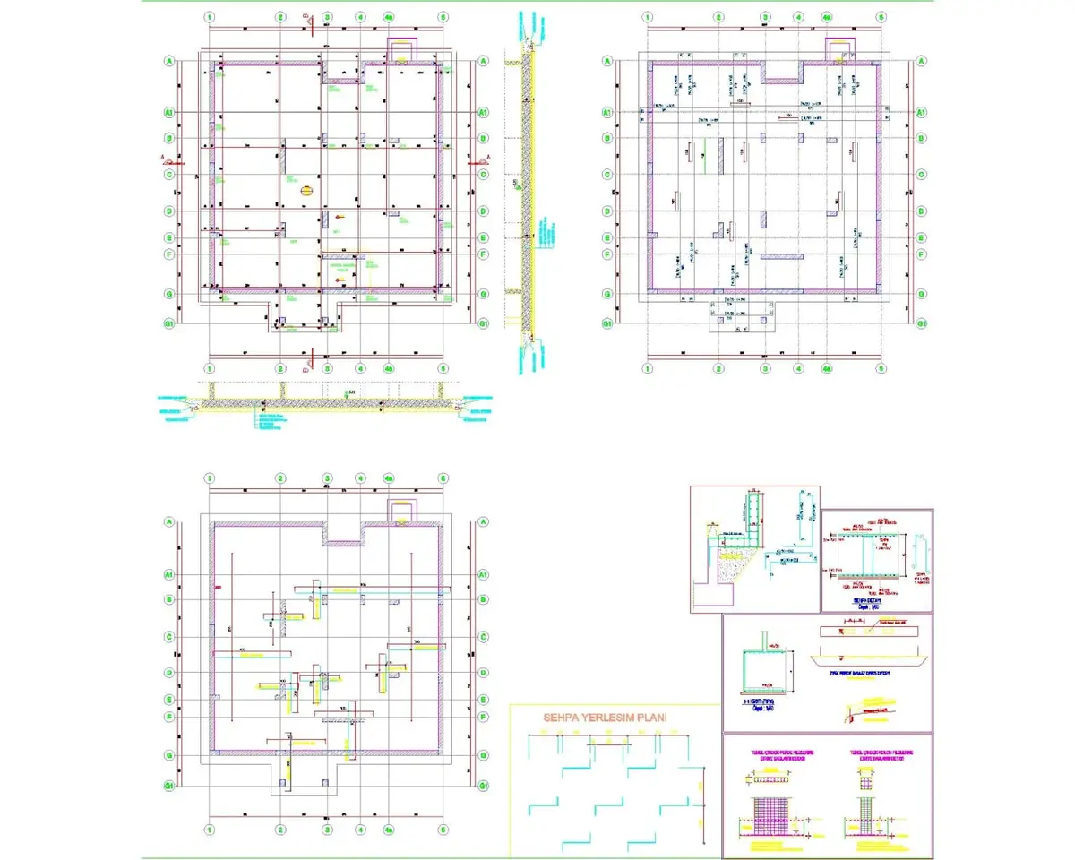 CAD programında hazırlanmış radye temel paftası; plan ve kesit detayları, donatı düzeni, kolon bağlantıları ve ölçü gösterimleri içermektedir