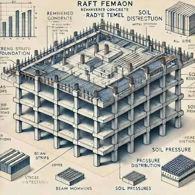 Betonarme radye temel 3D izometrik render çizimi; kolon-temel bağlantıları, kirişli radye yapısı, zemin basıncı dağılımı, moment diyagramları ve zemin-temel arayüzü katmanları gösterilmektedir