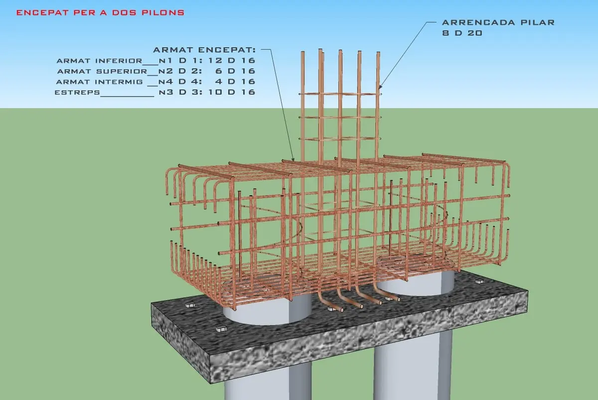 İki kazık üzerine oturan kazık başlığı 3D donatı render çizimi: Encepat per a dos pilons (iki kazıklı başlık); alt donatı 12D16, üst donatı 6D16, ara donatı 4D16, etriyeler 10D16; üstte arrencada pilar 8D20 kolon başlangıç donatısı