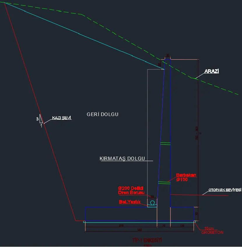 CAD çizimi konsol istinat duvarı Tip-1 enkesiti: Geri Dolgu, Kirmatas Dolgu, Barbakan Ø150, Ø200 delikli dren borusu, beton yastık, grobeton 10cm