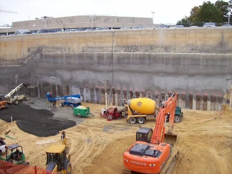 Fore kazık perdeli derin kazı çukuru — içinde ekskavatör ve beton mikseri çalışıyor, waler kirişleri görülüyor