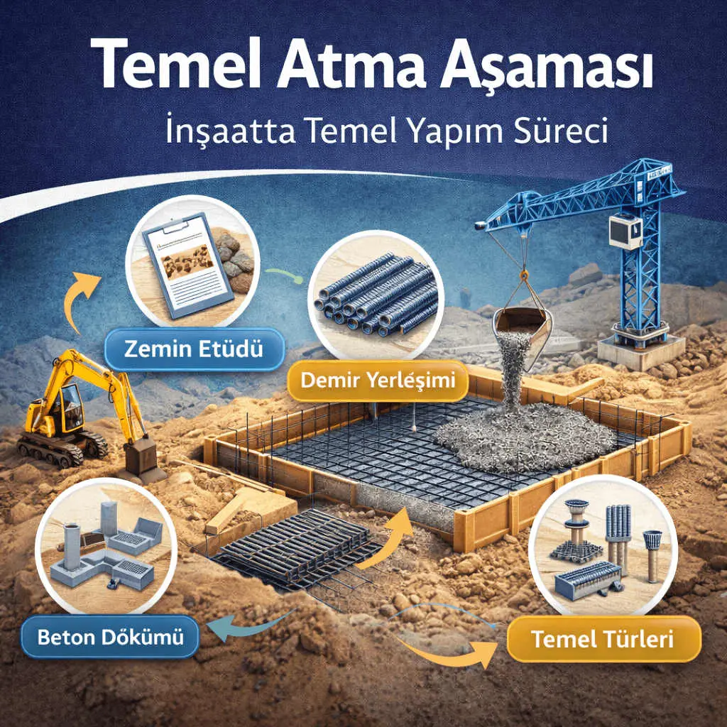 Temel atma aşaması infografik: zemin etüdü, demir yerleşimi, beton dökümü ve temel türleri