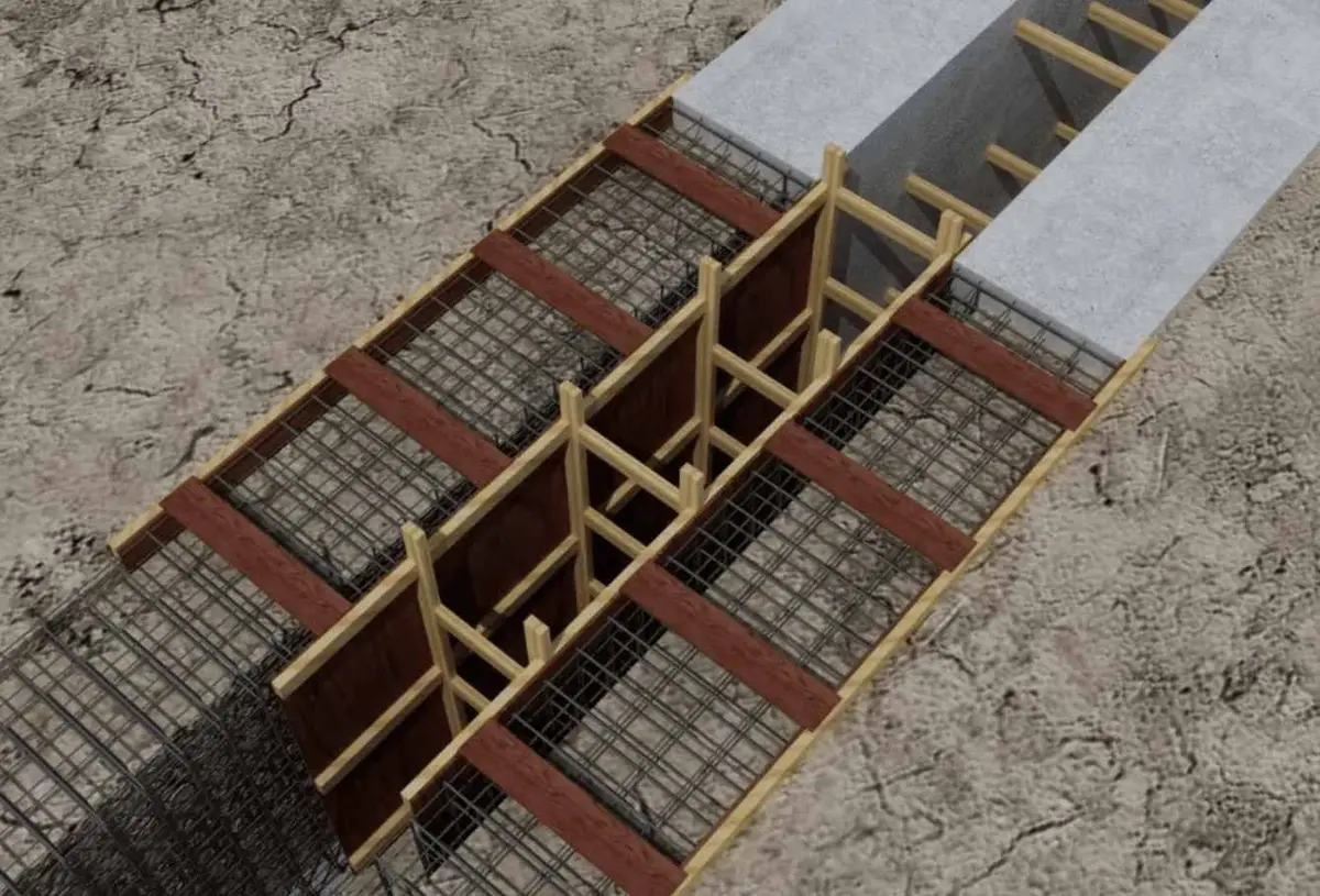 Kılavuz duvarı ve diyafram duvar birleşim detayı 3D kesit render: kalıp, donatı ve stop-end konumu