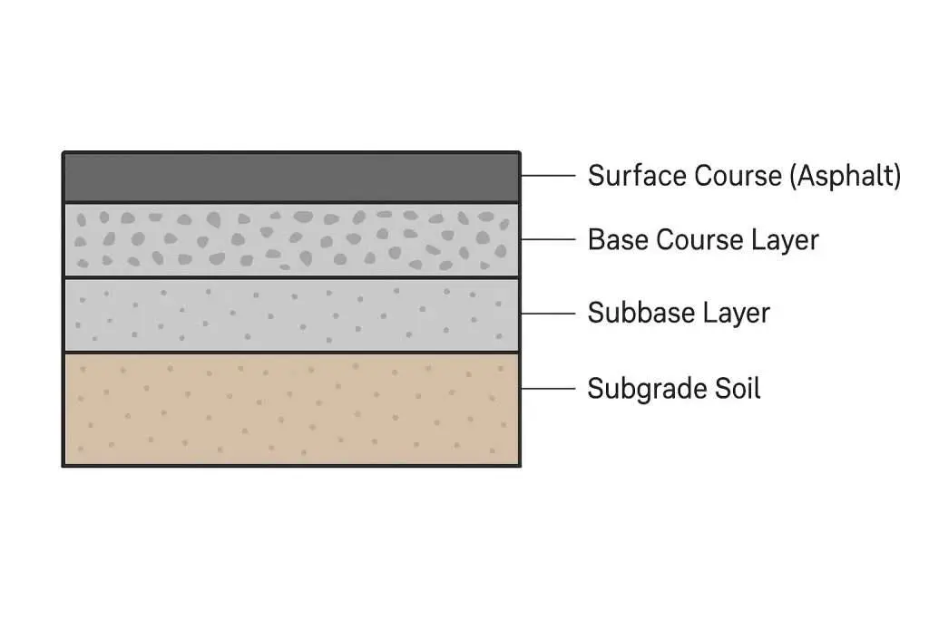 Esnek üstyapı tabaka yapısının şematik kesiti: üstten alta sırasıyla siyah asfalt yüzey tabakası (surface course), granüler kırma taş temel katmanı (base course), açık renkli alt temel (subbase) ve açık kahverengi taban zemini (subgrade soil)
