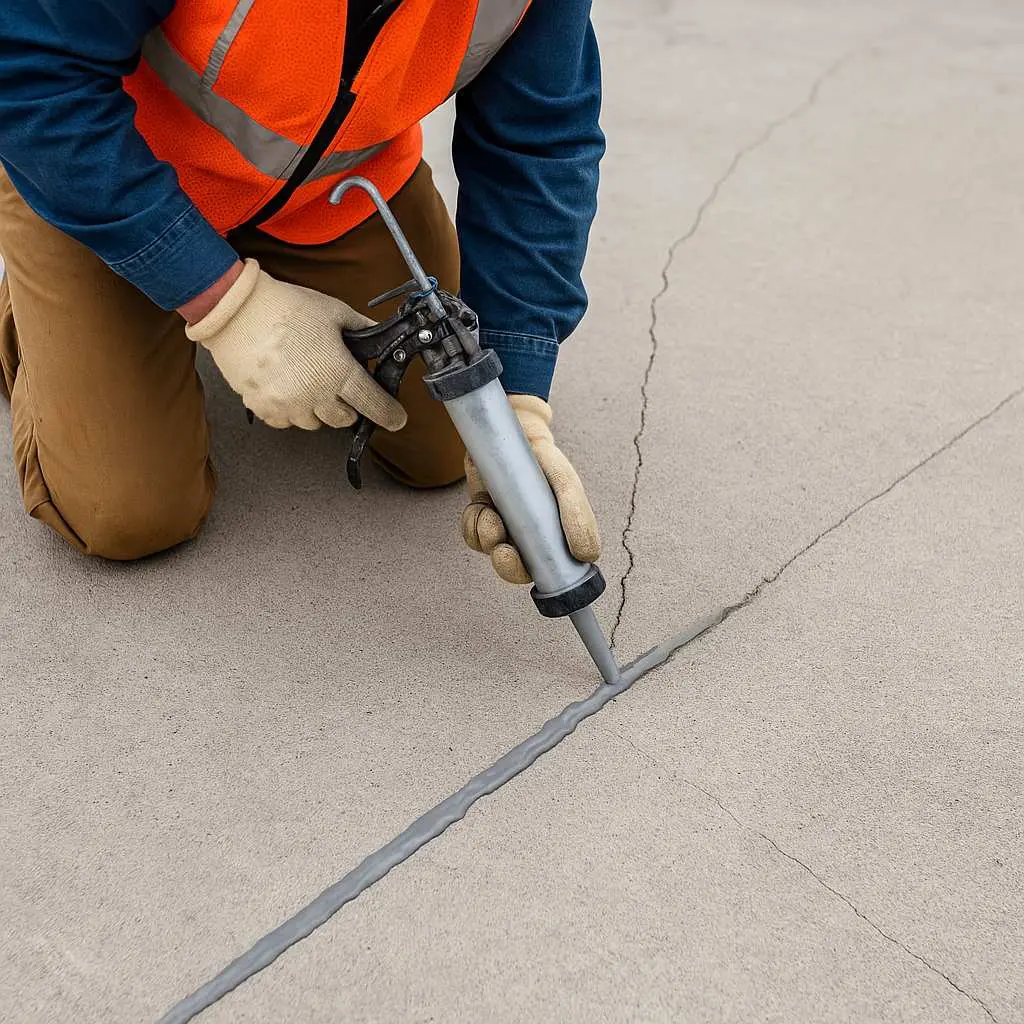Beton yol yüzeyindeki bir çatlağa yakın çekimde sızdırmazlık tabancasıyla derz dolgu malzemesi uygulaması; turuncu yelek giyen işçi çatlağı dolduruyor