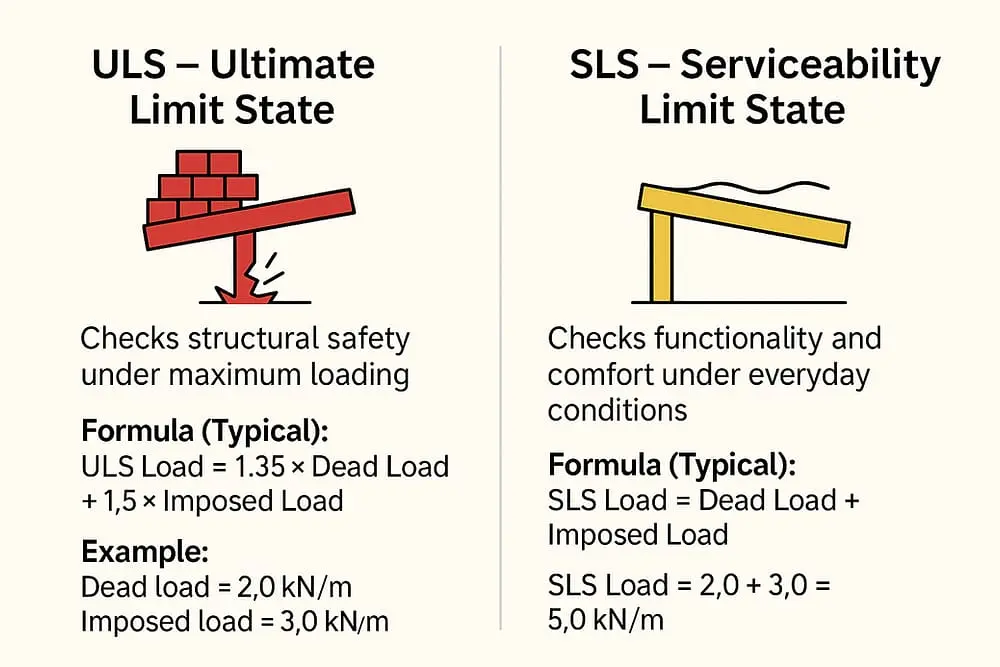 GKD ve KKD limit durumlarını karşılaştıran infografik; ULS maksimum yük altında yapısal güvenliği, SLS ise gündelik koşullarda işlevselliği kontrol eder