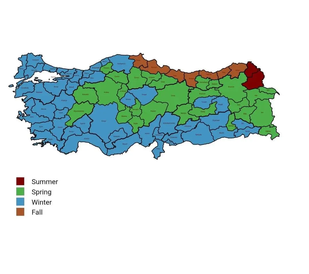 Türkiye iklim bölgeleri haritası — maksimum kar birikiminin en yüksek olduğu doğu iller vurgulanmış