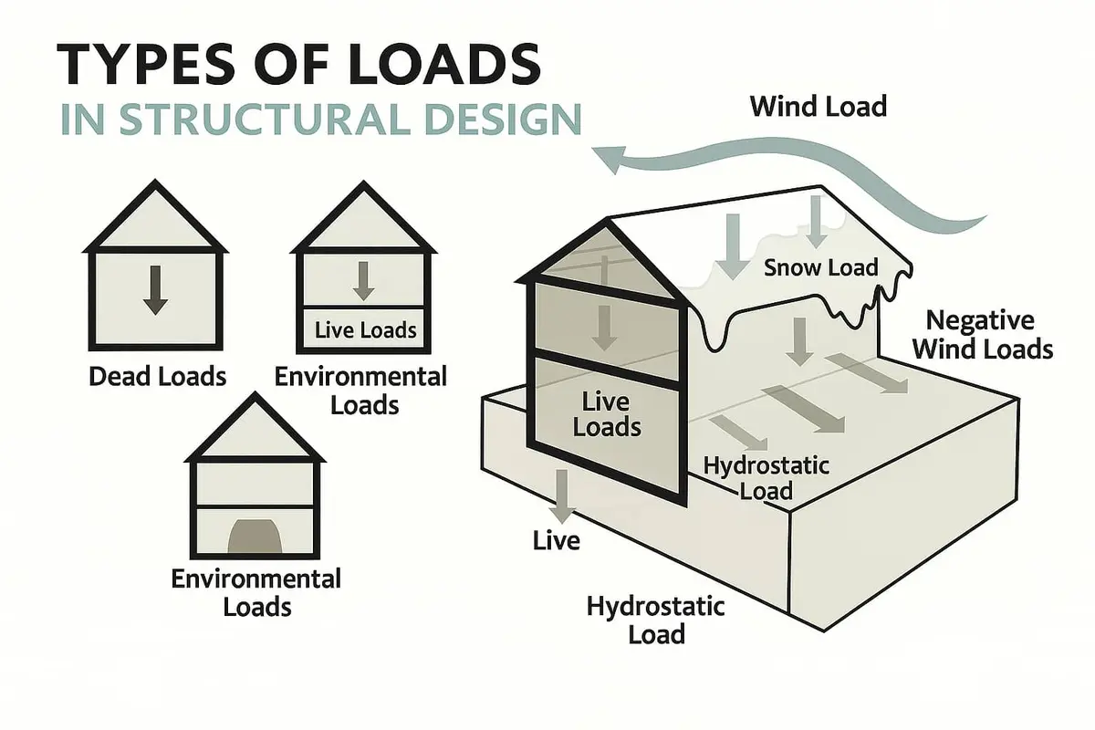 Yapısal tasarımda yük türlerini gösteren infografik: Dead Loads (sabit yükler), Live Loads (hareketli yükler), Environmental Loads (çevresel yükler — rüzgar, kar, hidrostatik) ve 3 boyutlu bina kesitinde bu yüklerin etki yönleri