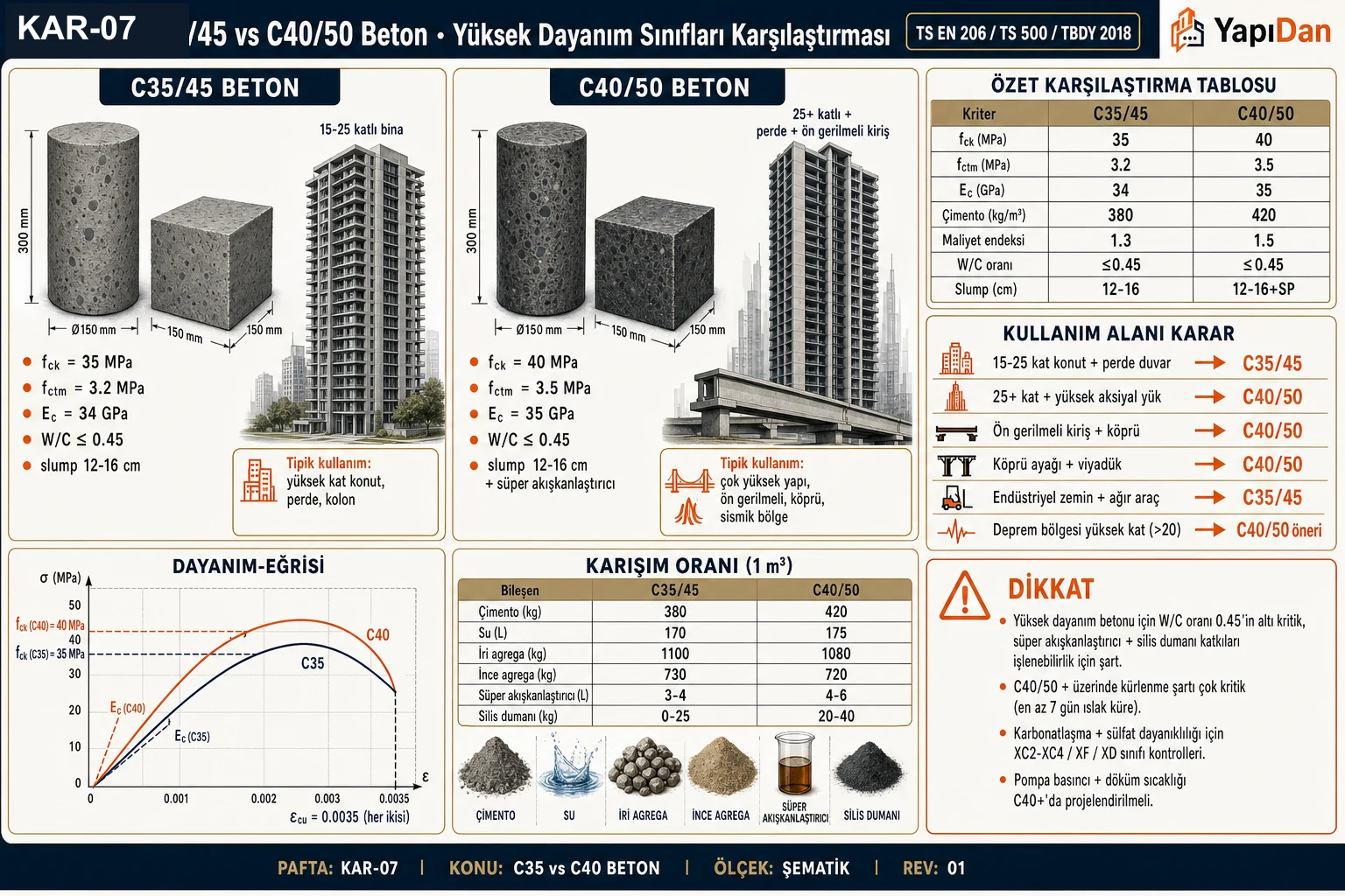 KAR-07 — C35/45 vs C40/50 Beton karşılaştırmalı görsel sözlüğü: yan yana numune, özet tablo, kullanım kararı, σ-ε eğrisi, karışım oranları