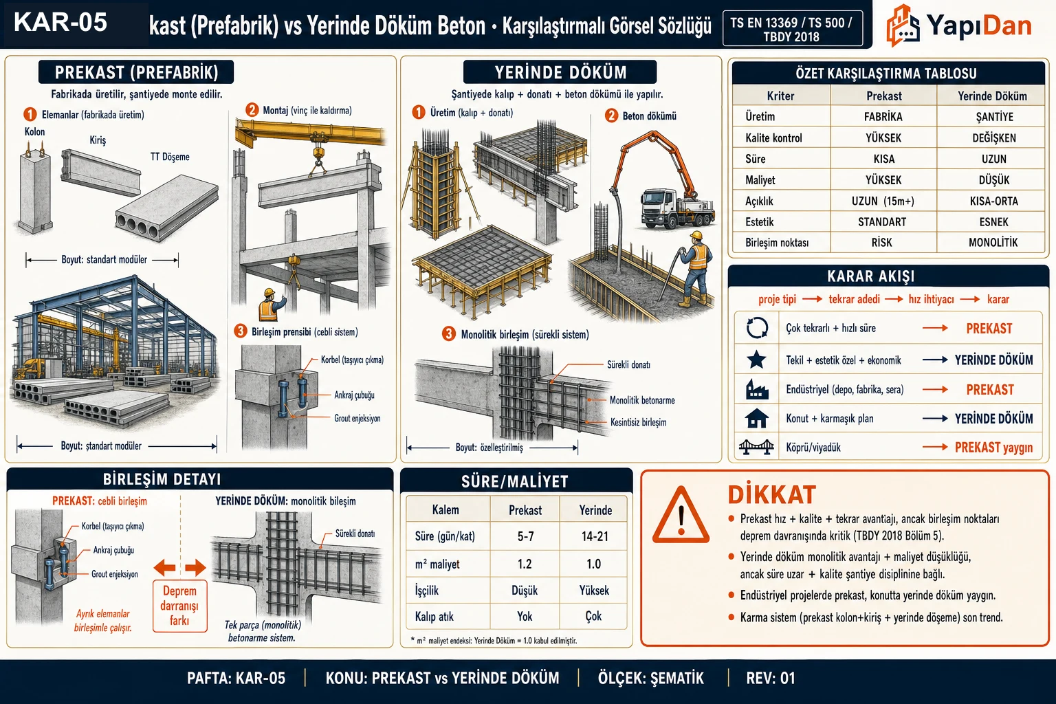 KAR-05 — Prekast vs Yerinde Döküm Beton karşılaştırmalı görsel sözlüğü: yan yana imalat kesiti, özet tablo, karar akışı, birleşim detayı, süre ve maliyet
