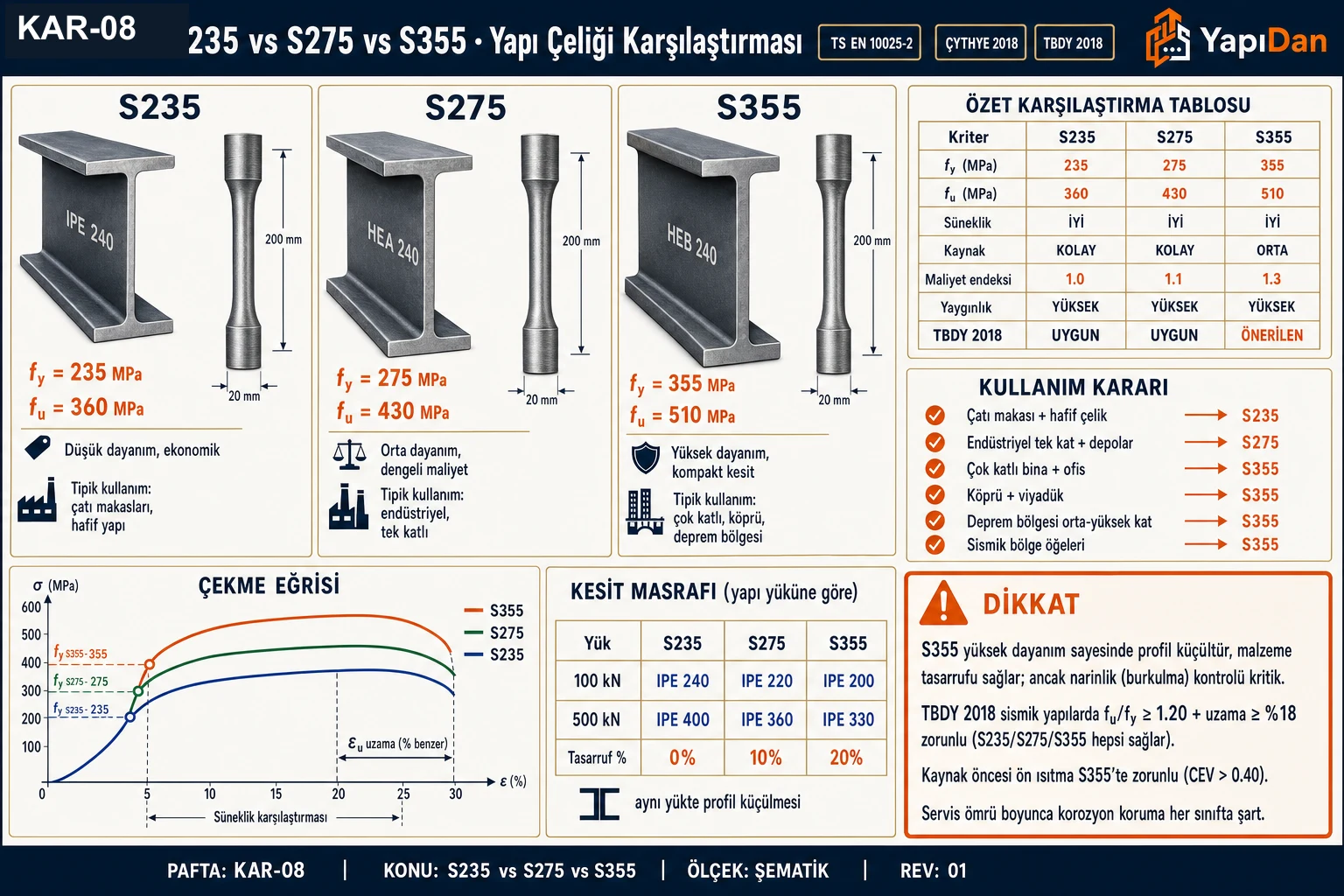 KAR-08 — S235 vs S275 vs S355 yapı çeliği karşılaştırmalı görsel sözlüğü: üç profil + çekme diyagramı, özet tablo, kullanım kararı, kesit tasarrufu