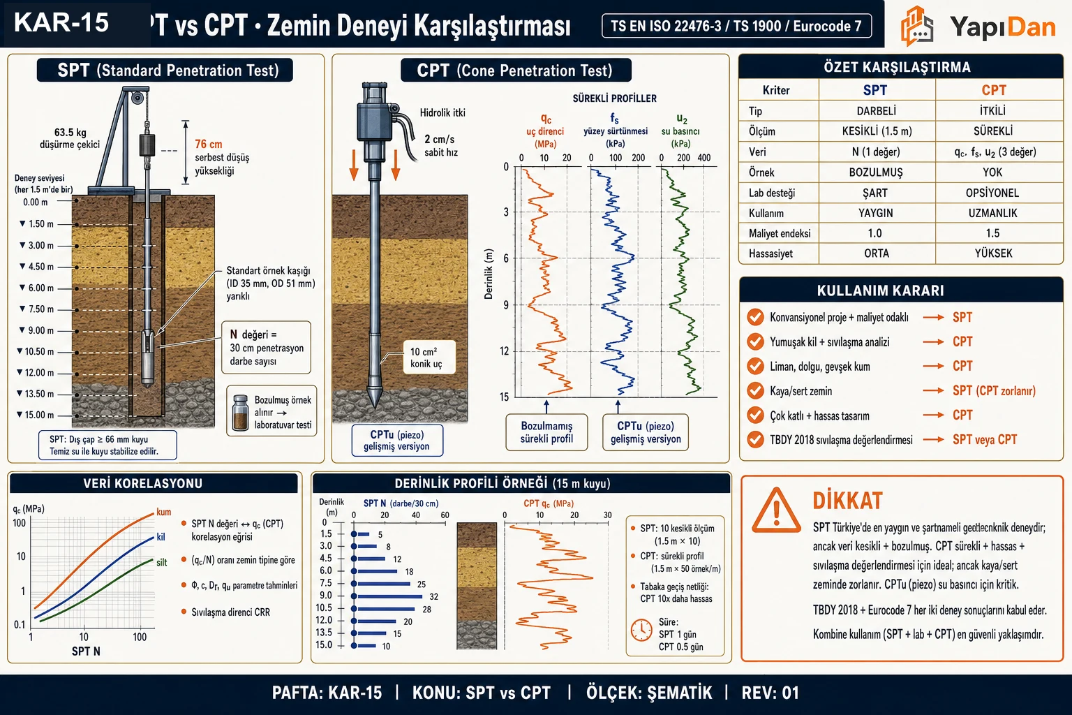 KAR-15 — SPT vs CPT zemin deneyi karşılaştırmalı görsel sözlüğü: yan yana deney kesiti, özet tablo, kullanım kararı, korelasyon, derinlik profili